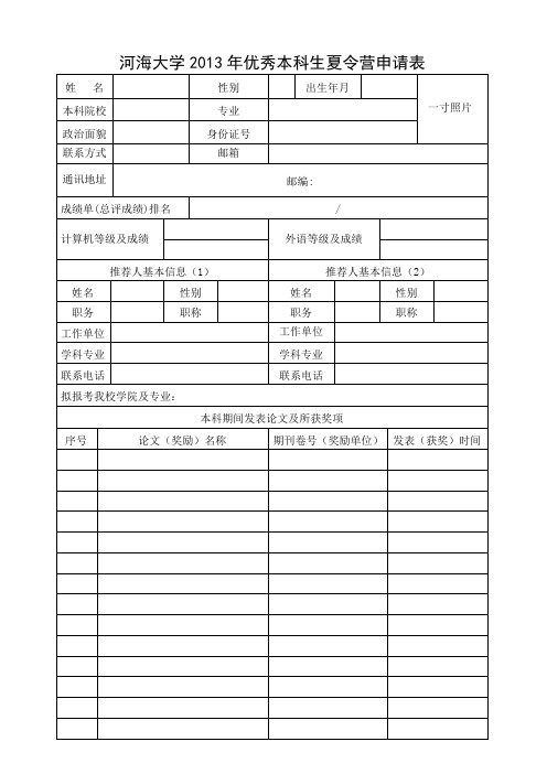 河海大学2013年优秀本科生夏令营申请表