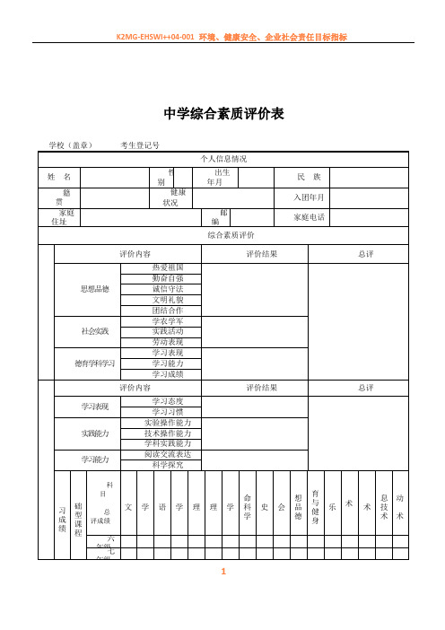 中学生综合素质评价表