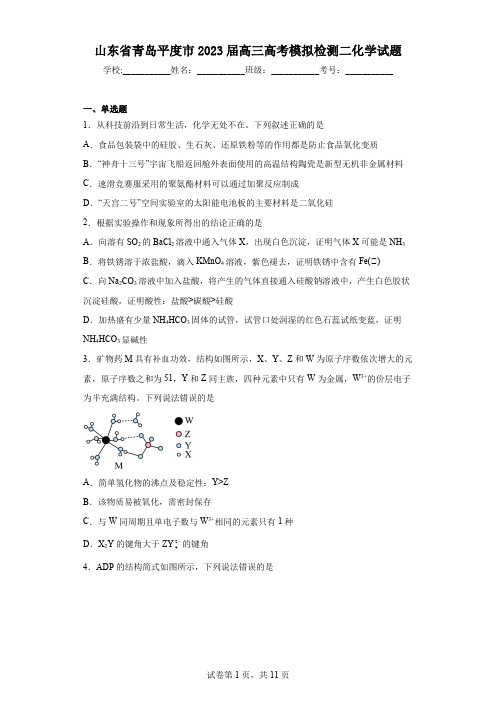 山东省青岛平度市2023届高三高考模拟检测二化学试题