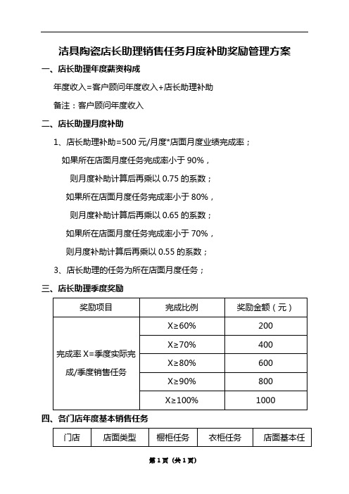 洁具陶瓷店长助理销售任务月度补助奖励管理方案