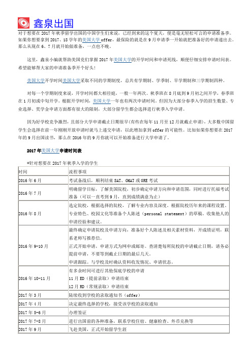 2017年美国大学招生时间及申请时间表