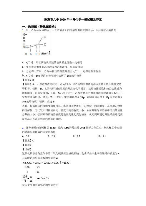 珠海市八中2020年中考化学一模试题及答案