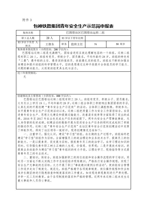 青年安全生产示范岗申报表