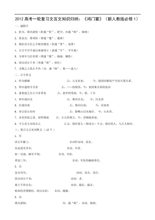 2012高考一轮复习文言文知识归纳：《鸿门宴》(新人教版必修1)