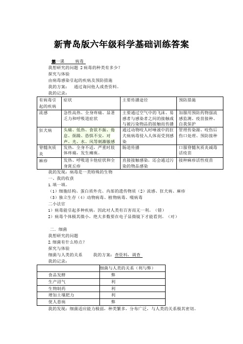 青岛版六年级科学上册自主学习答案