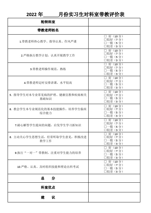 2022年护理实习生对科室带教评价表