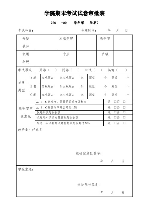 学院期末考试试卷审批表