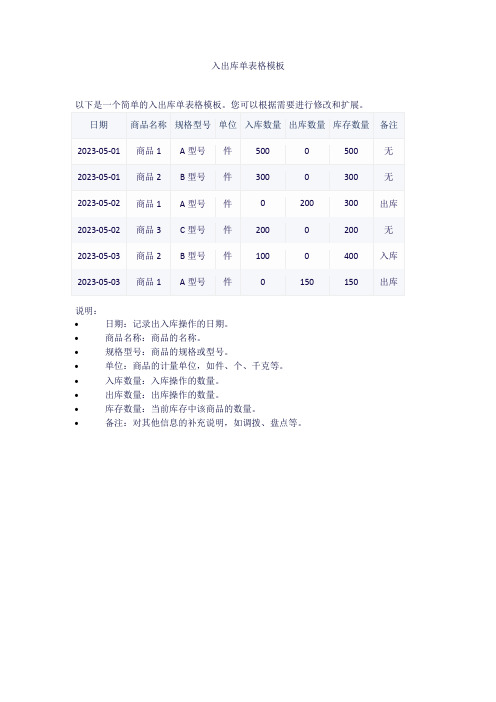 入出库单表格模板