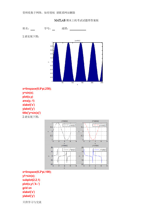 MATLAB期末上机试题带答案