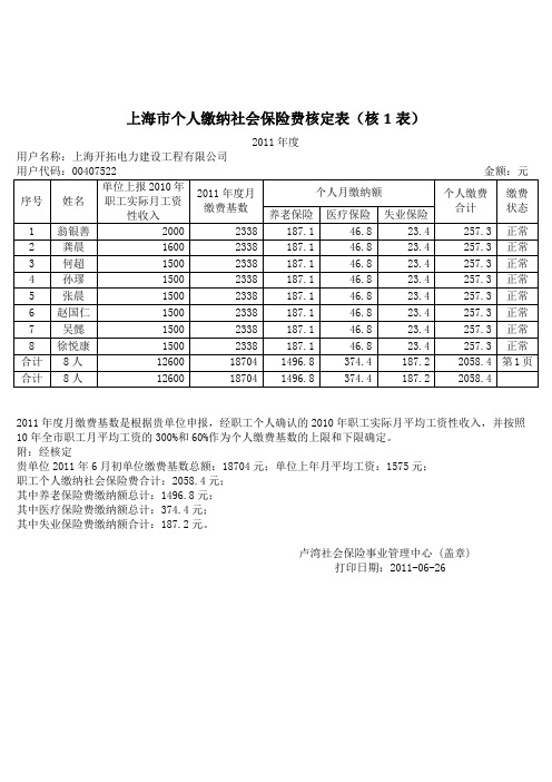 上海市个人缴纳社会保险费核定表03