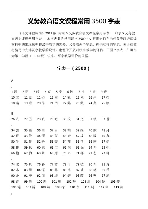 义务教育语文课程3500常用字表