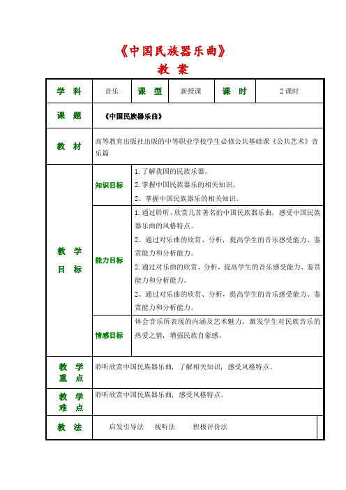 公共艺术(高教版-音乐篇-)教案-第三单元璀璨的乐器-第一节-中国民族器乐曲