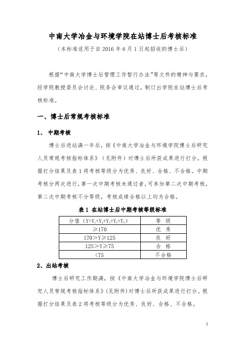中南大学冶金与环境学院在站博士后考核标准