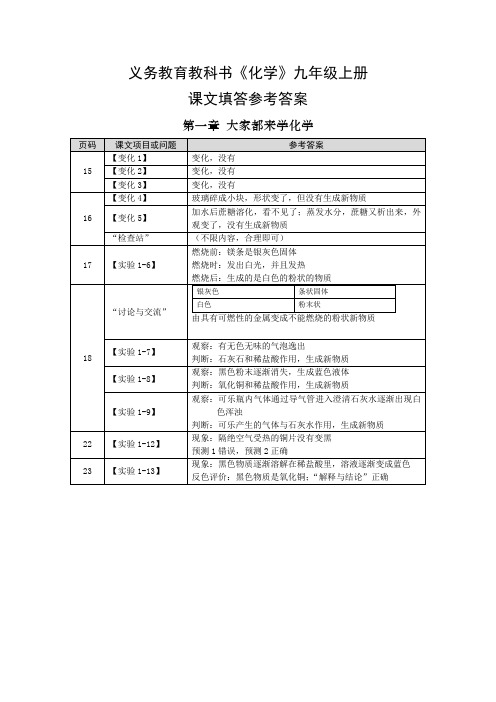 九年级粤教版化学教科书填答参考答案