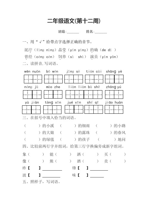 2020年最新部编版二年级语文周周练 第十二周