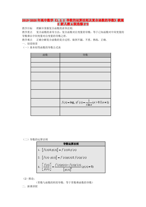 2019-2020年高中数学《1.2.2 导数的运算法则及复合函数的导数》教案2 新人教A版选修2-2