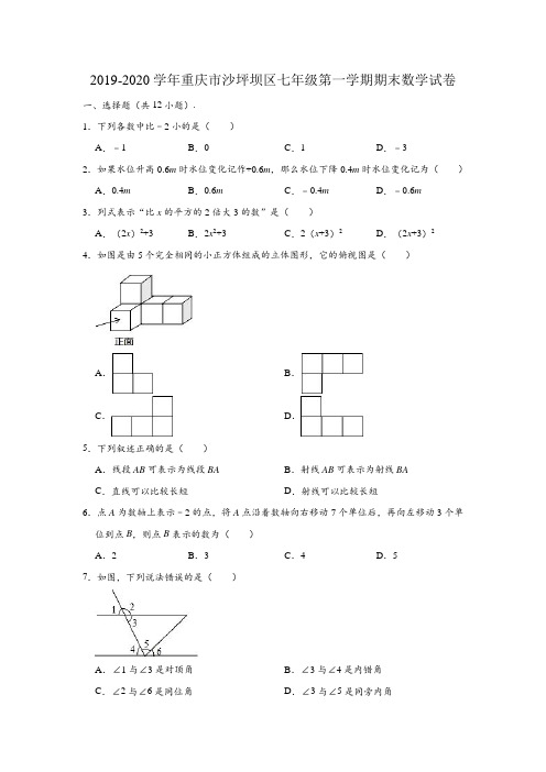 2019-2020学年重庆市沙坪坝区七年级(上)期末数学试卷 (含解析)