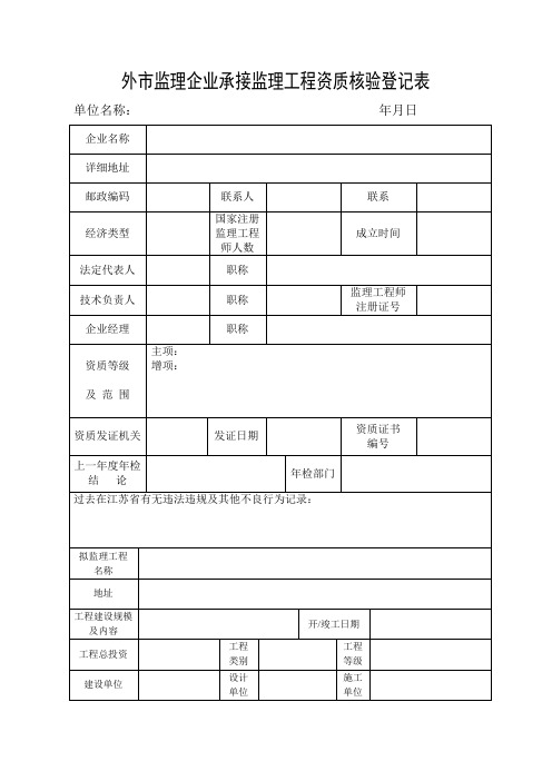 外市监理企业承接监理工程资质核验登记表