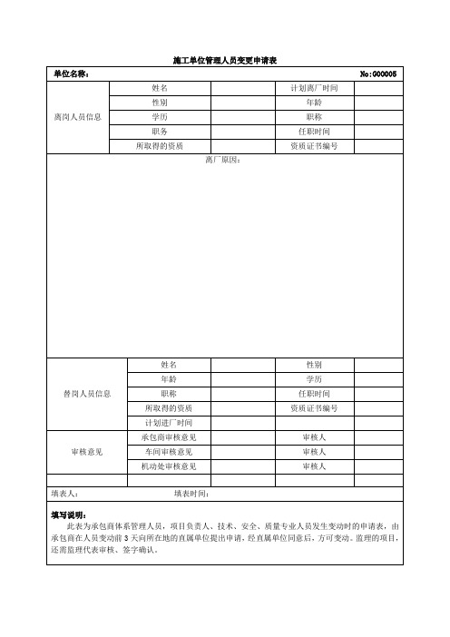 施工单位管理人员变更申请表