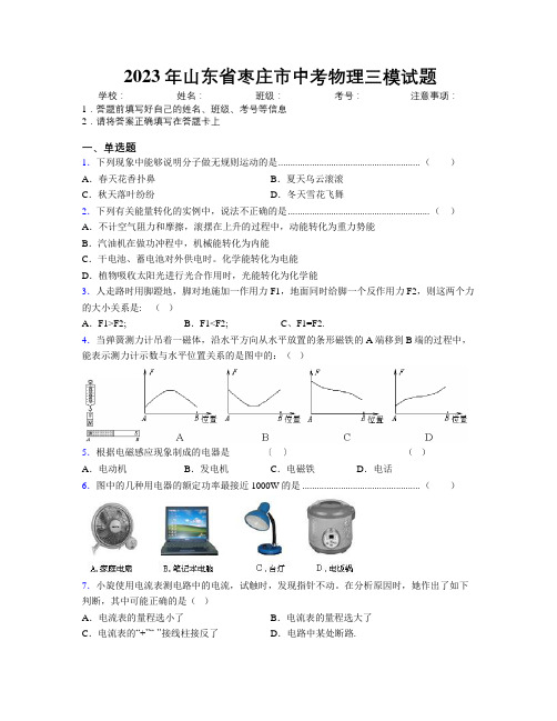 2023年山东省枣庄市中考物理三模试题及解析