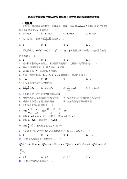 成都市青羊实验中学人教版七年级上册数学期末考试试卷及答案