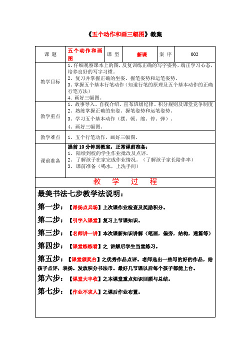 一年级上册语文教案-硬笔书法02-五个动作和画三幅图--全国通用