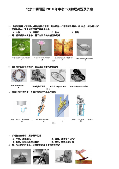 北京市朝阳区2019年中考二模物理试题及答案