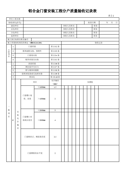 铝合金门窗安装工程分户质量验收记录表