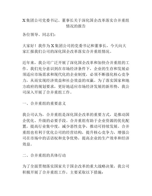 X集团公司党委书记、董事长关于深化国企改革落实合并重组情况的报告