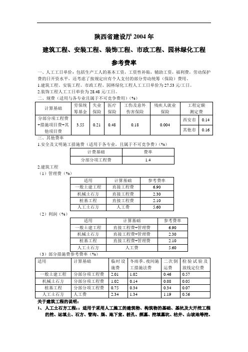 最新建筑工程常用取费费率(陕西省)教学内容