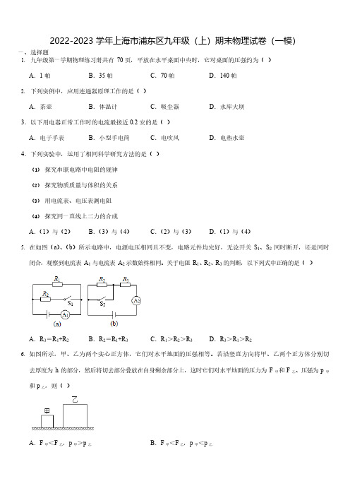 【2023年上海市初中一模物理卷】2023年上海市浦东新区初中毕业生学业模拟考试试卷九年级物理及答案