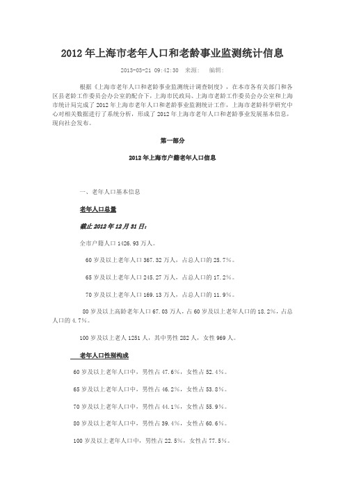 2012年上海市老年人口和老龄事业监测统计信息