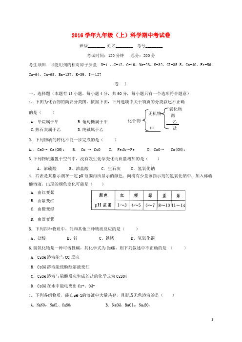 浙江省台州市玉环县十校2017届九年级科学上学期期中试题