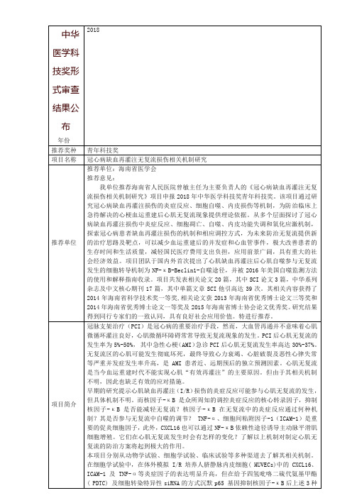 中华医学科技奖形式审查结果公布年份2018推荐奖种青年科技奖项目