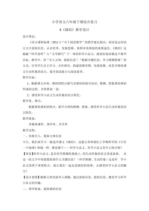 人教课标版版六年级语文下册综合复习教案6《琥珀》教学设计