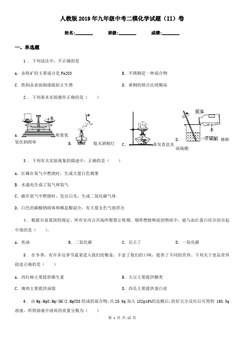 人教版2019年九年级中考二模化学试题(II)卷(模拟)