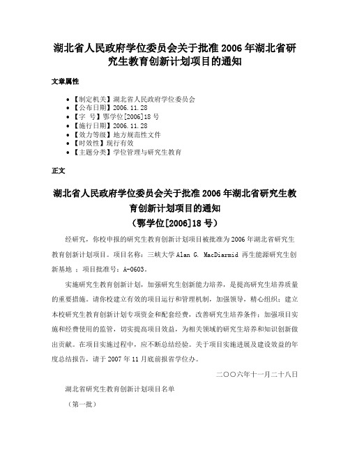 湖北省人民政府学位委员会关于批准2006年湖北省研究生教育创新计划项目的通知