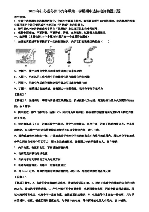 2020年江苏省苏州市九年级第一学期期中达标检测物理试题含解析