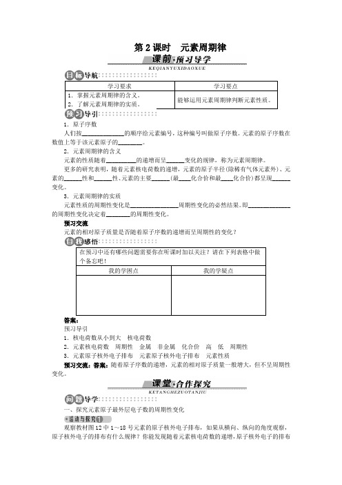 2016-2017学年苏教版必修2 原子核外电子排布与元素周期律第2课时 元素周期律 学案