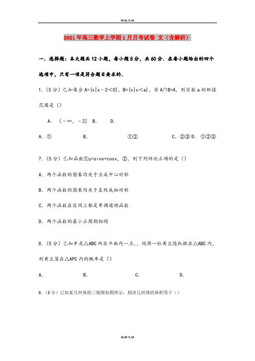 2021年高三数学上学期1月月考试卷 文(含解析)