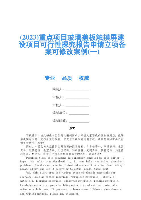 (2023)重点项目玻璃盖板触摸屏建设项目可行性研究报告申请立项备案可修改案例(一)