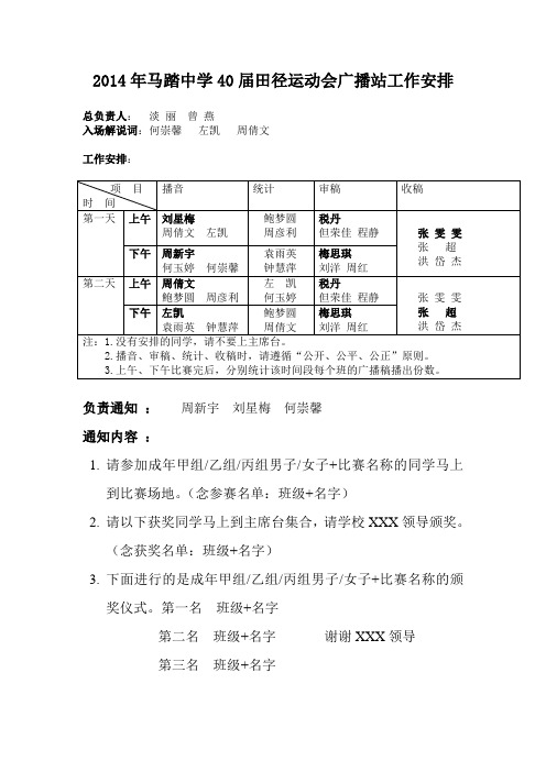 39届运动会期间广播站工作安排