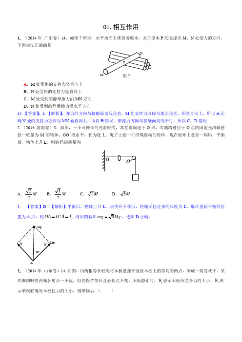 2014高考物理真题分类汇编 相互作用+直线运动+牛顿运动定律(师)