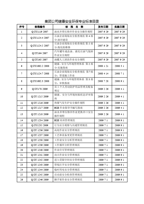 HSE专业集团公司标准目录-现行有效