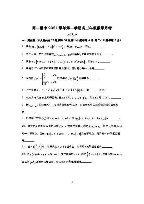 2024-2025学年上海同一附中高三上学期数学月考试卷及答案(2024.10)