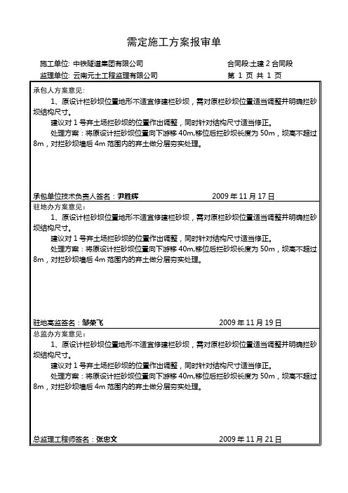 需定施工方案报审单K4+050弃土场拦砂坝