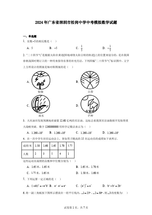 2024年广东省深圳市松岗中学中考模拟数学试题