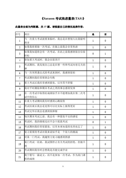 《Sarason考试焦虑量表(TAS)》及测量评分标准版