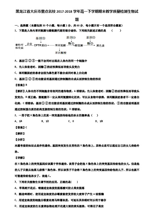 黑龙江省大庆市重点名校2017-2018学年高一下学期期末教学质量检测生物试题含解析