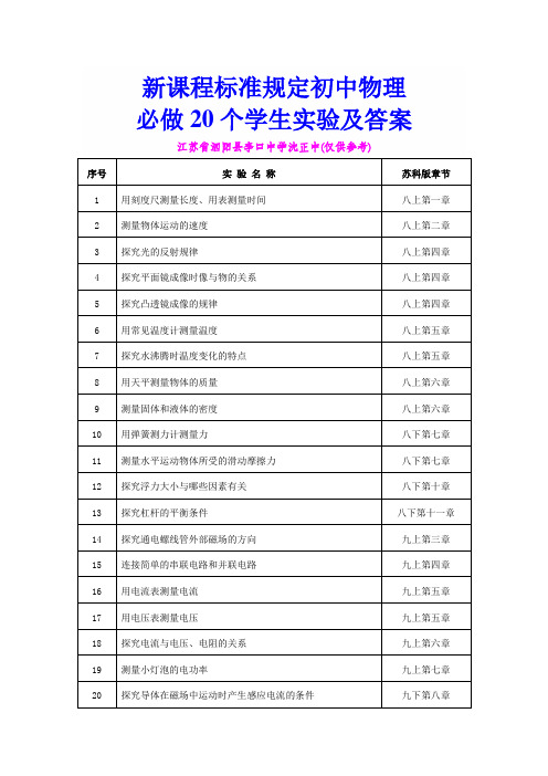 初中物理新课程标准必做20个学生实验及答案